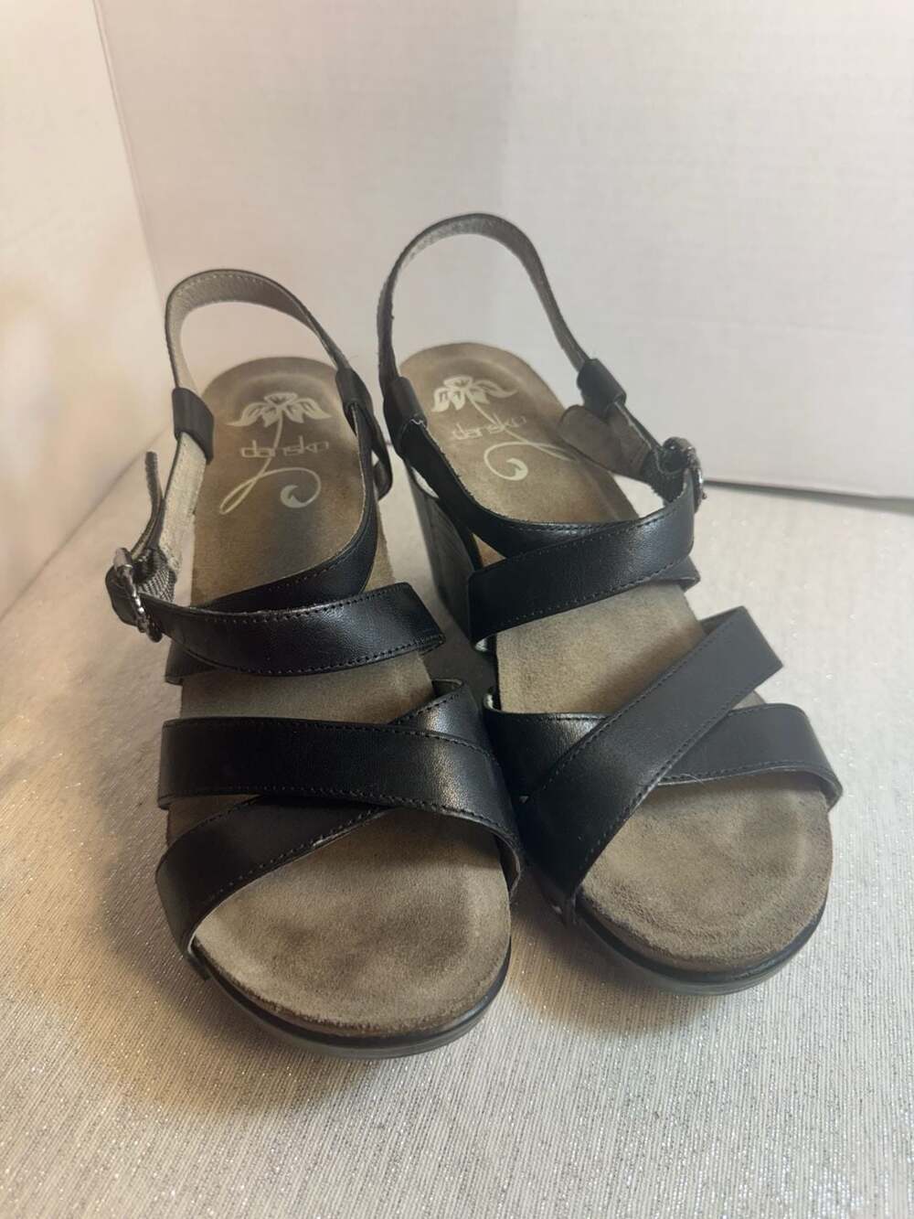 Dansko Sandi Black Leather Strappy Wedge Sandals Size 40